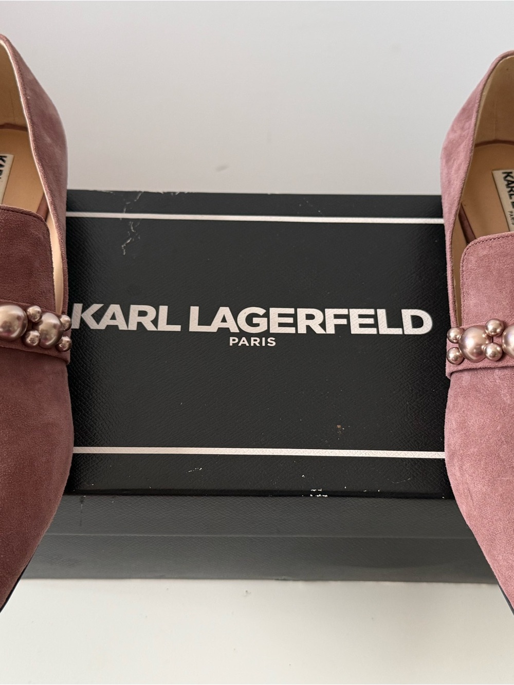 Karl Lagerfeld Mauve Suede Pearl-Embellished Loafers